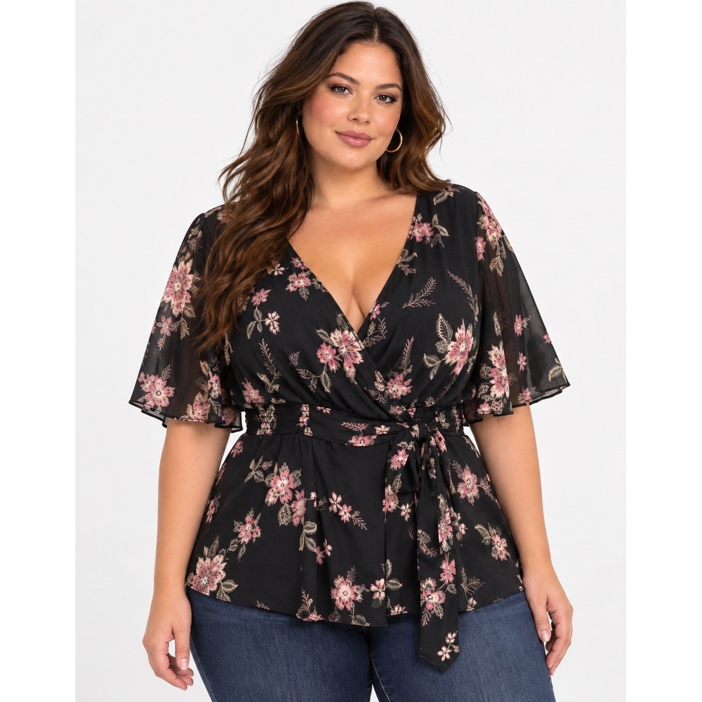 Torrid Women's Plus Size 0X Floral Black Peplum Blouse Faux Wrap Flutter Sleeves